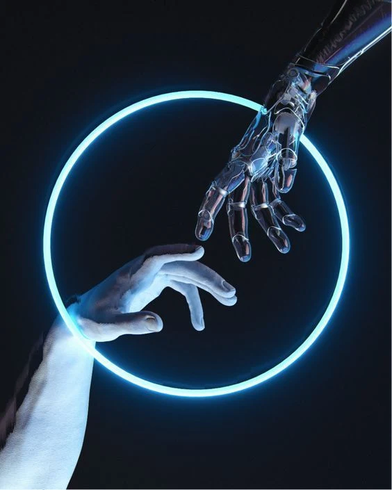 Human and robotic hands meeting through a blue illuminated ring