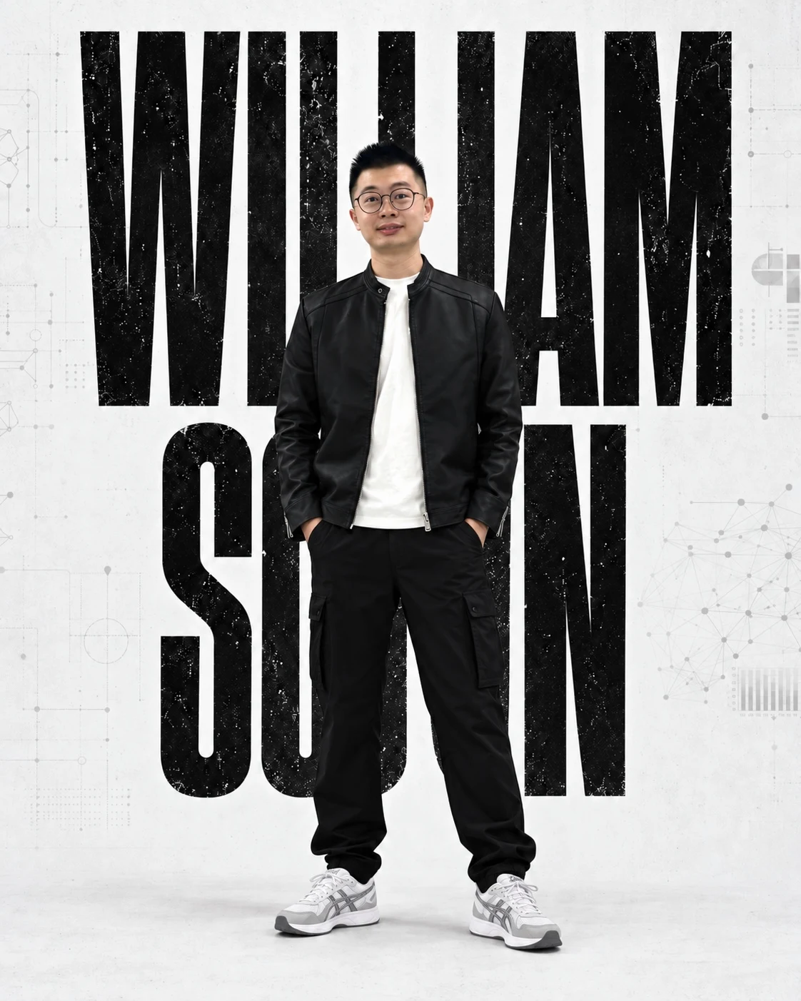 William Soon in a black leather jacket and white and grey sneakers